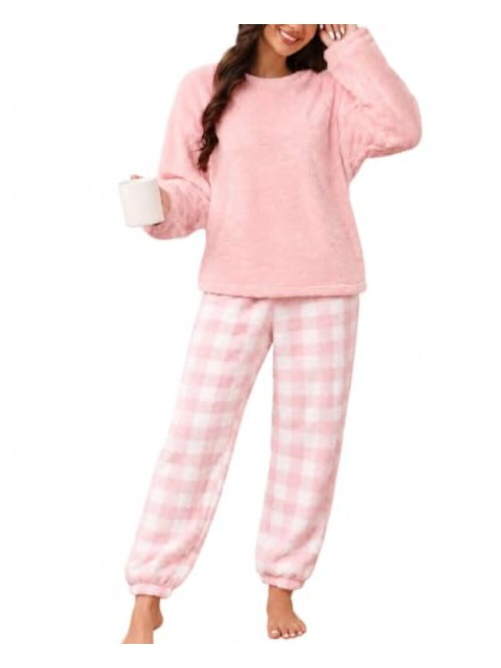 Fleece Pajama Set Plush Pullover Plaid Pants Pocket Winter Sleepwear Lounge